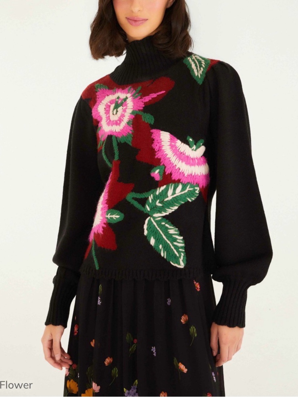 Farm Rio floral-embroidered mock-neck sweater